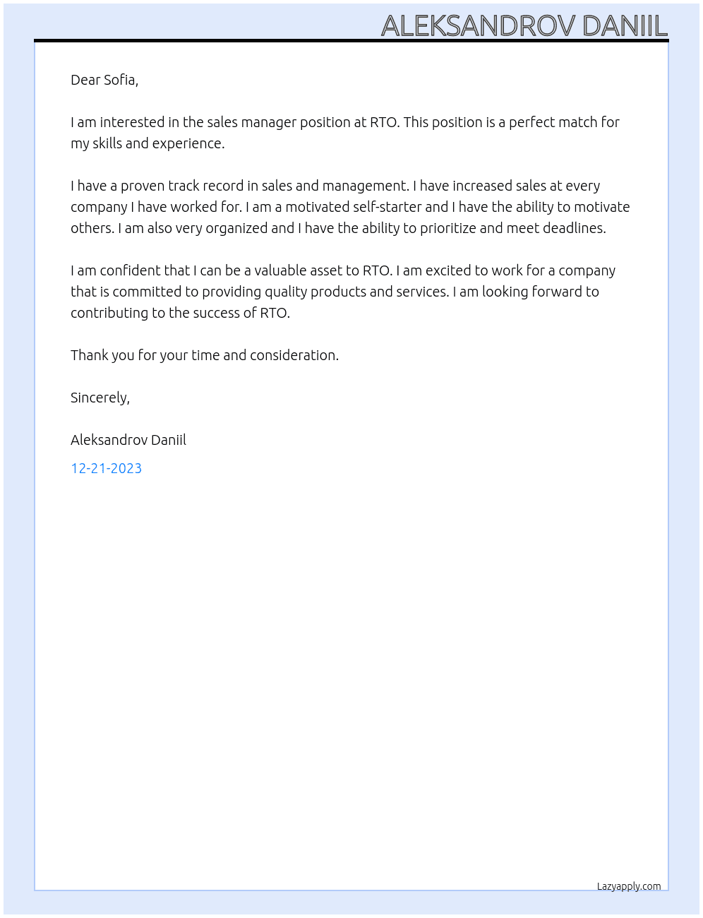 sales manager At RTO Cover Letter