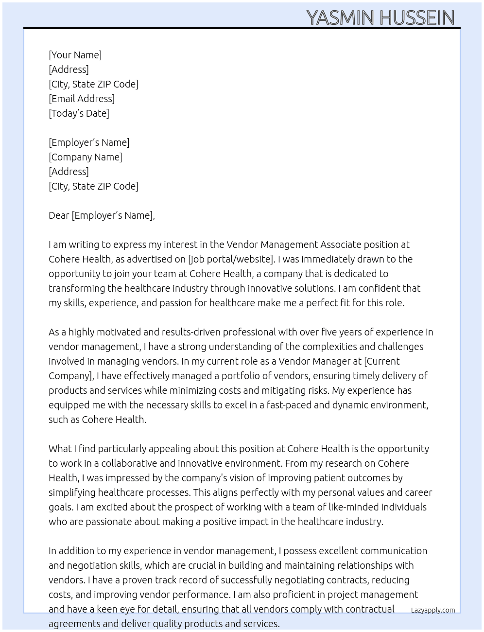 Vendor Management Associate At Cohere Health  Cover Letter