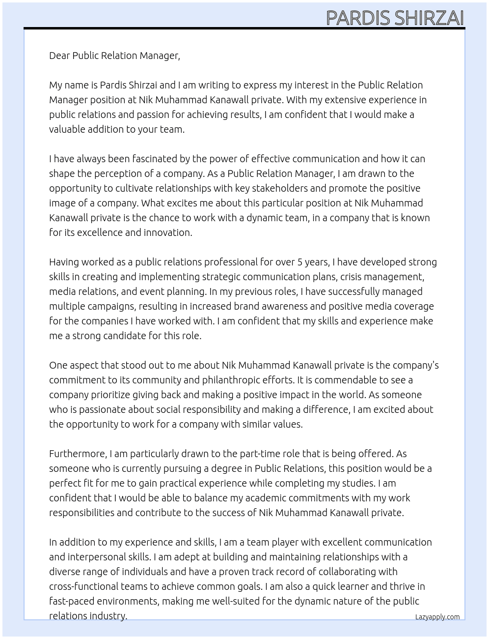 public relation manager At Nik Muhammad Kanawall private Cover Letter
