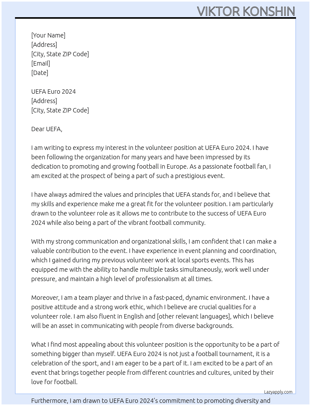 Volunteer At UEFA Euro 2024 Cover Letter