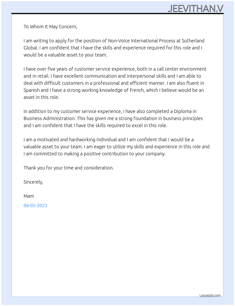 Non-Voice International Process  At Sutherland Global Cover Letter