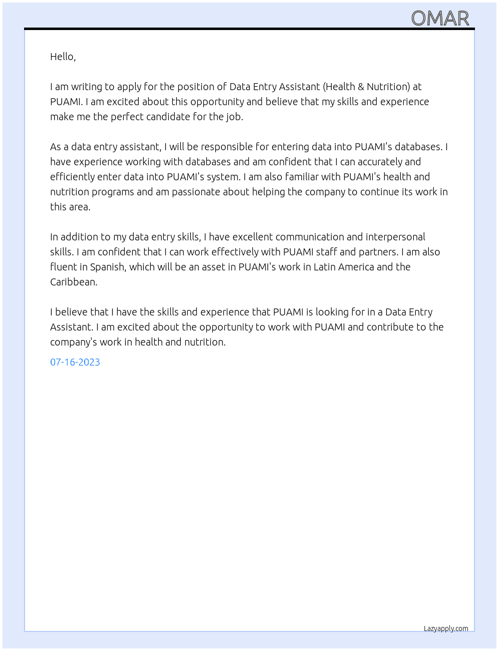 Data Entry Assistant (Health & Nutrition) At PUAMI Cover Letter