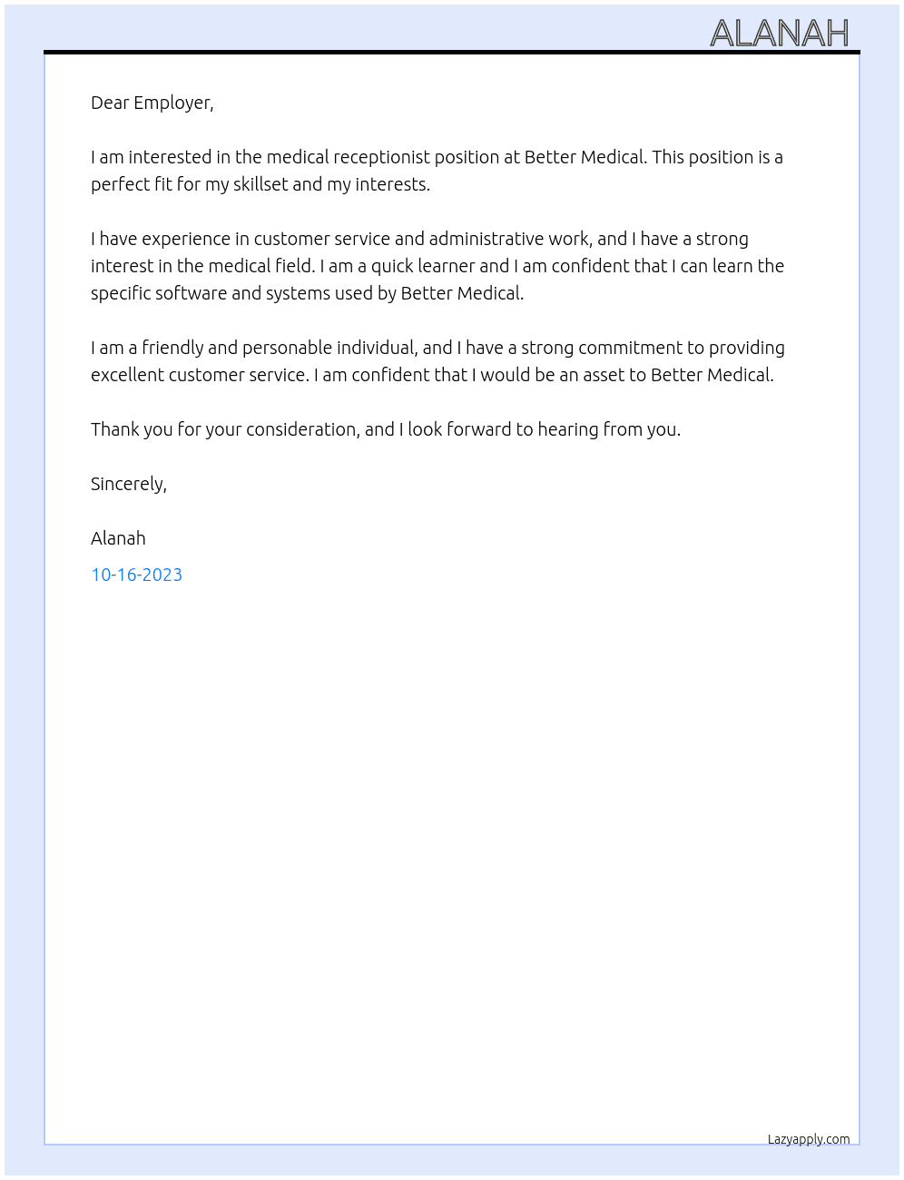 Medical receptionist  At Better medical  Cover Letter