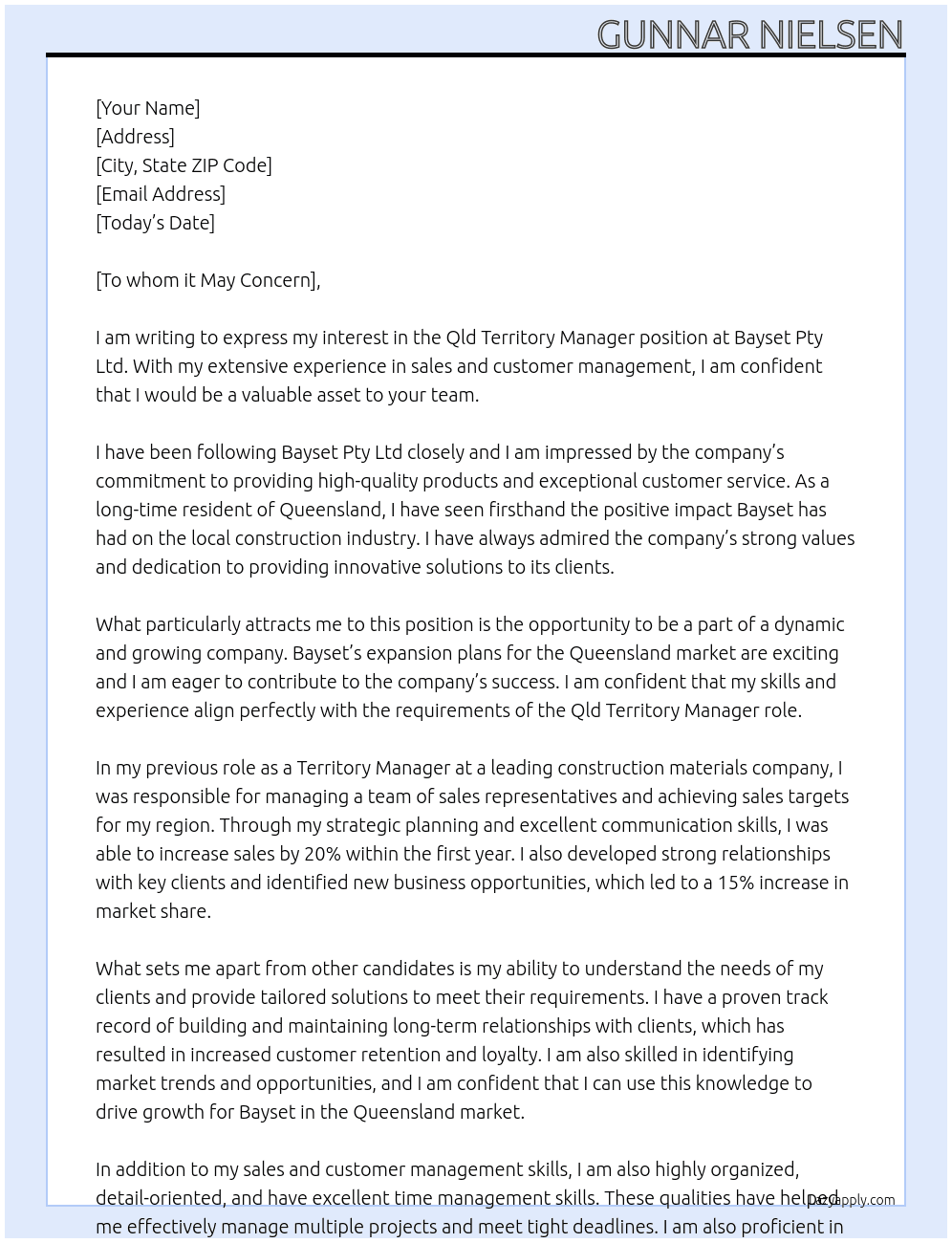 Qld Territory Manager At Bayset Pty Ltd Cover Letter