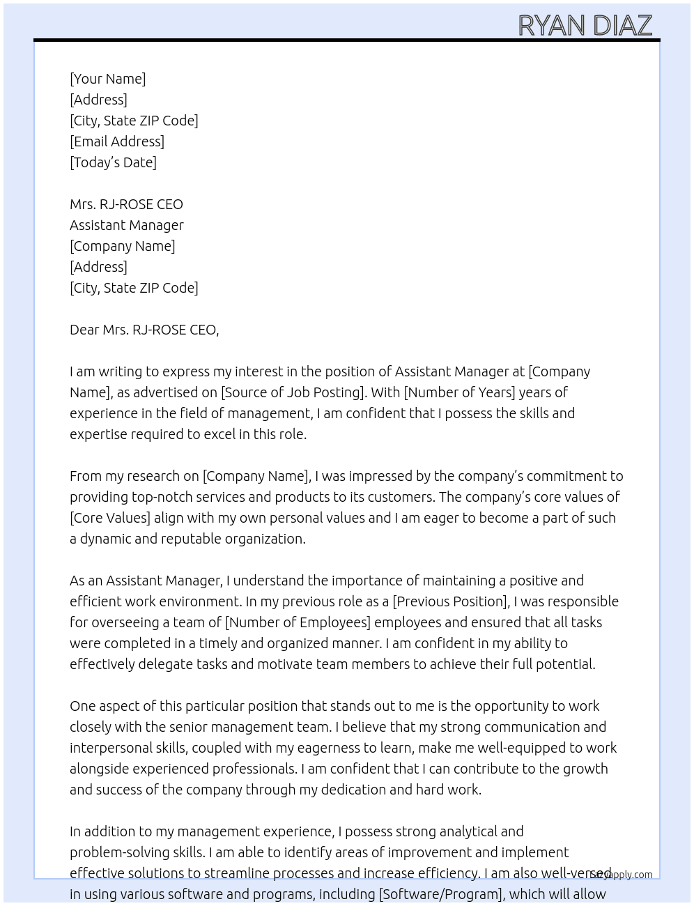 Assistant manager At Assistant Manager Cover Letter