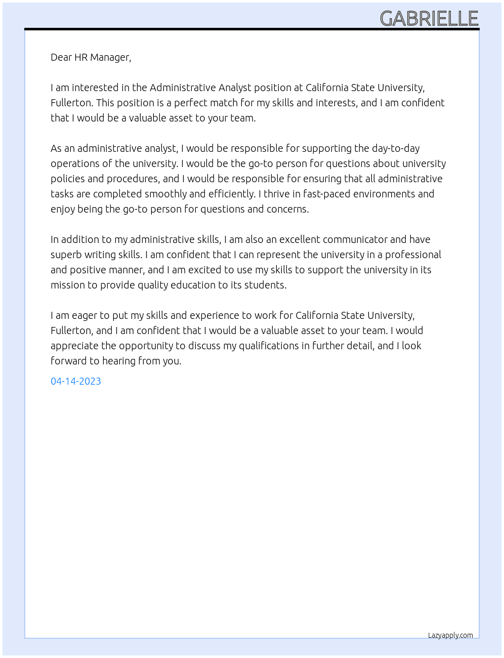 Administrative Analyst At California State University, Fullerton Cover Letter
