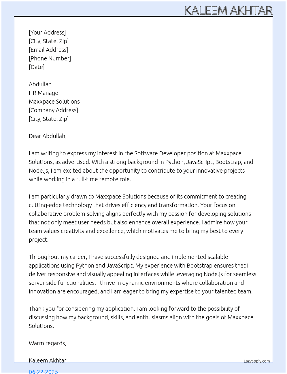Software Developer At Maxxpace Solutions Cover Letter