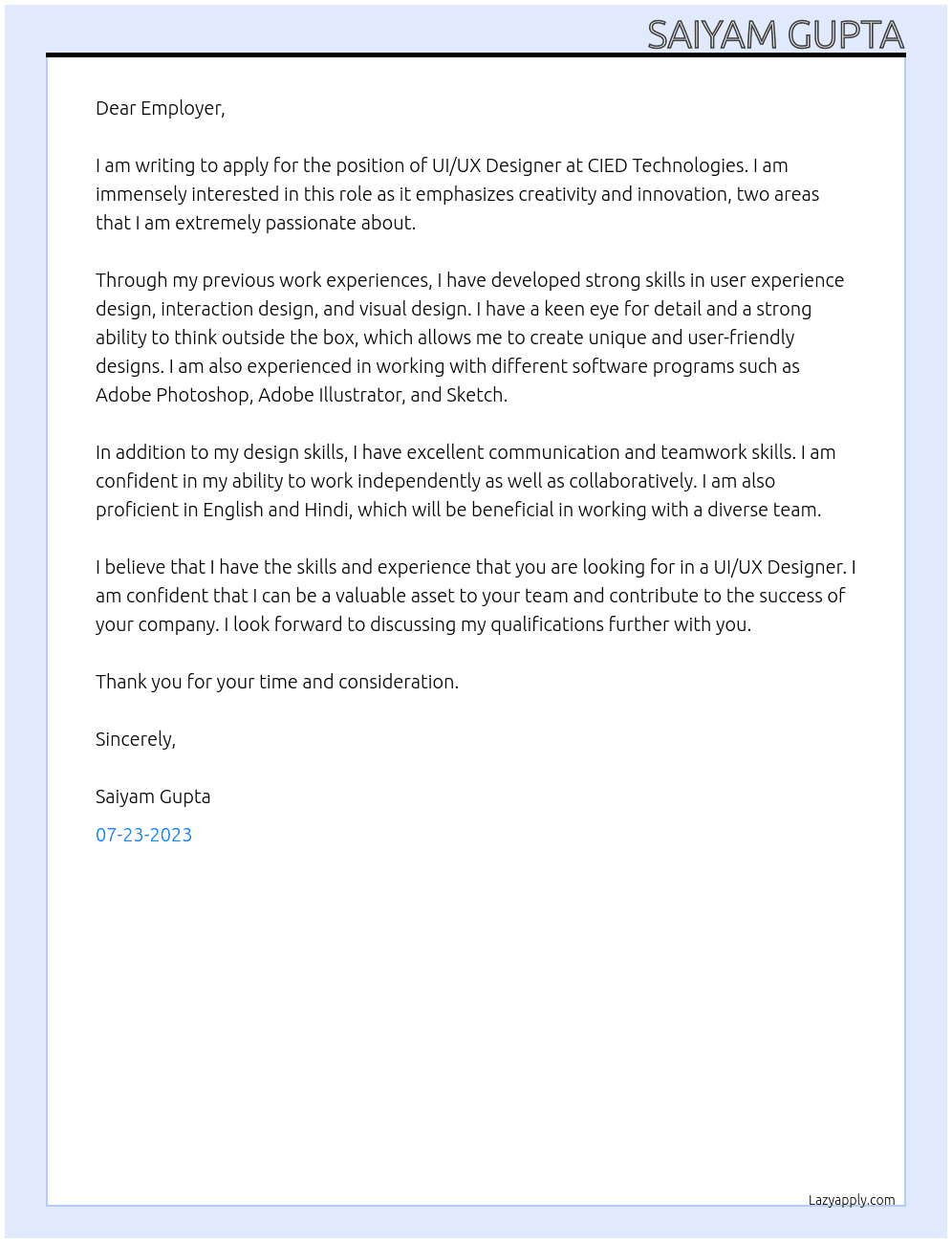 UI/UX Design At CIED Technologies Cover Letter