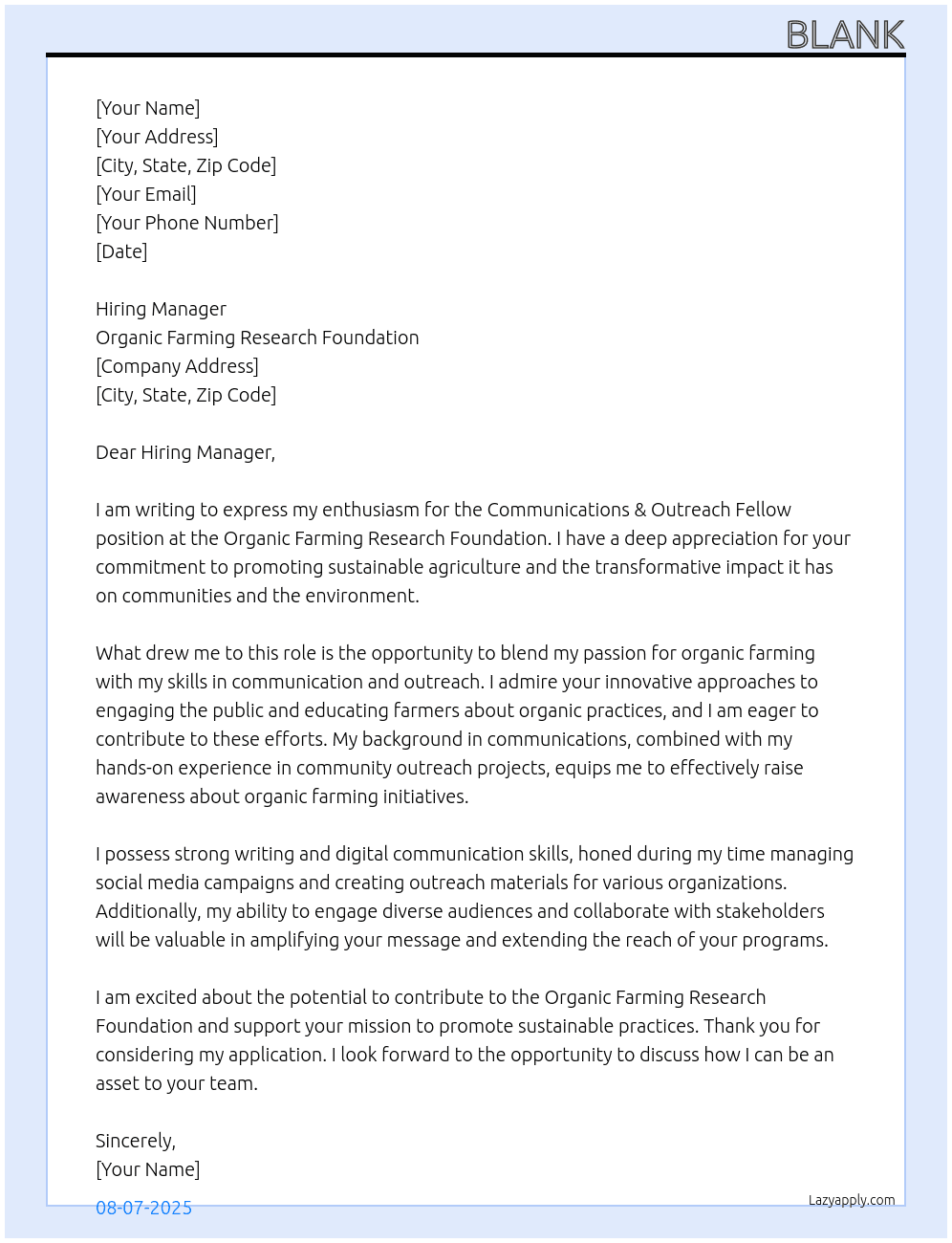 Communications & Outreach Fellow At Organic Farming Research Foundation Cover Letter
