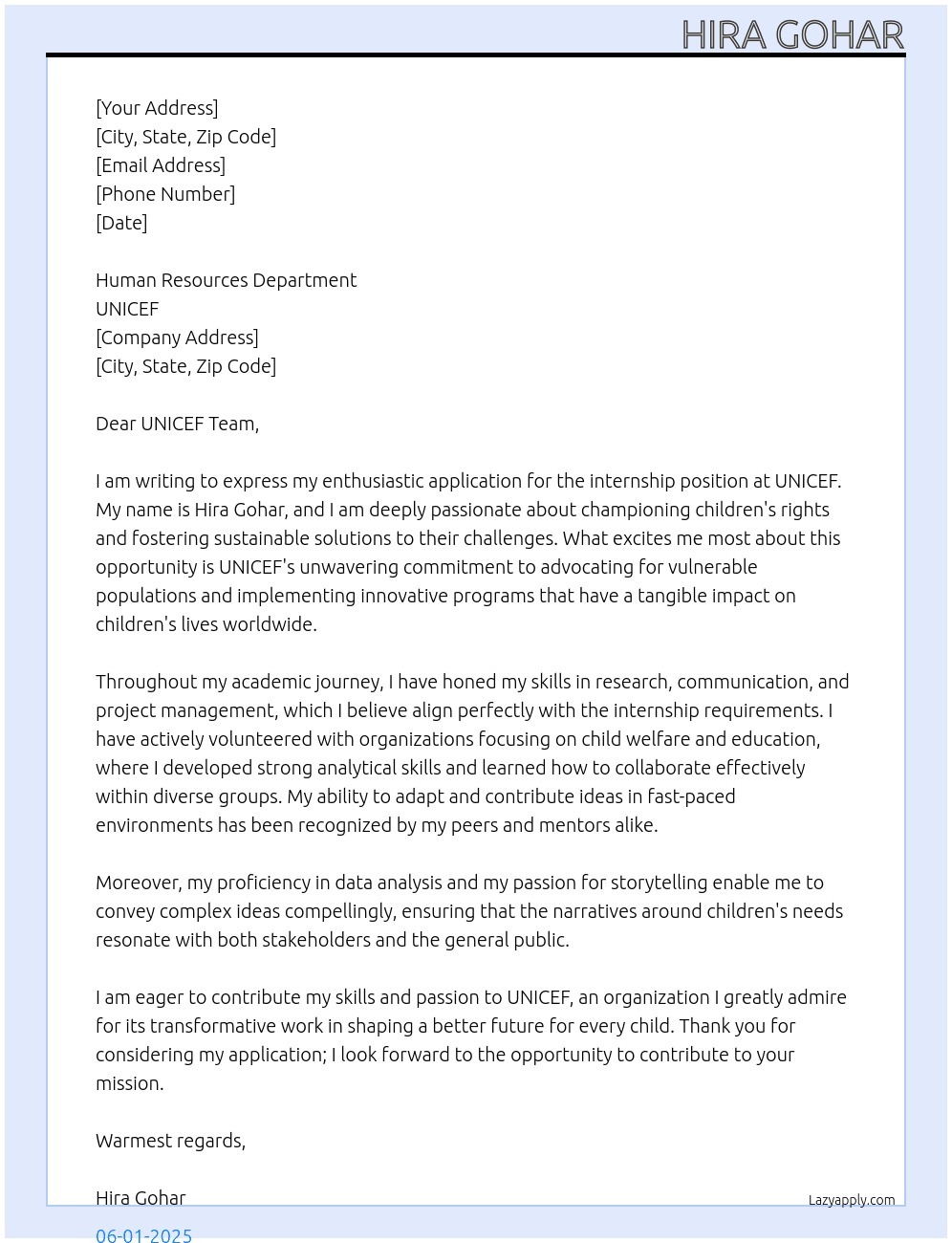 internship At unicef Cover Letter
