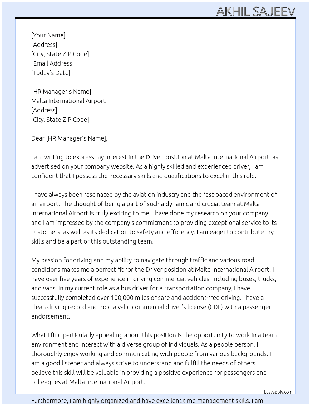 Driver  At Malta international Airport  Cover Letter