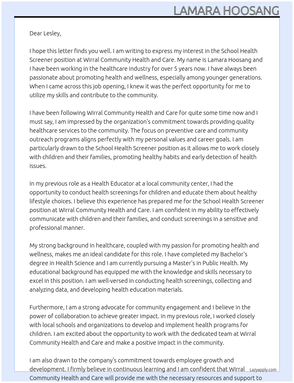 School Health Screener At Wirral Community Health and Care Cover Letter