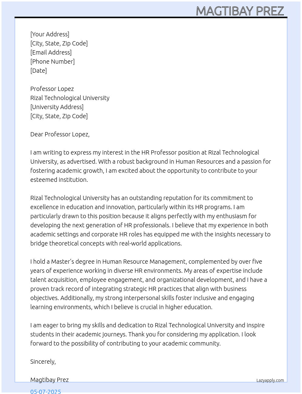 HR Professor At Rizal Technological University Cover Letter