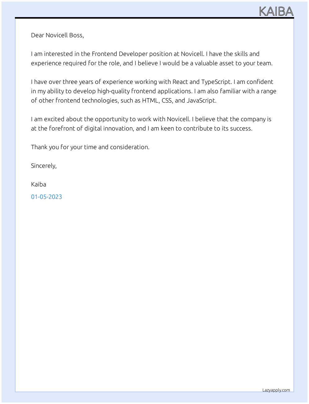 Frontend Developer  At Novicell  Cover Letter
