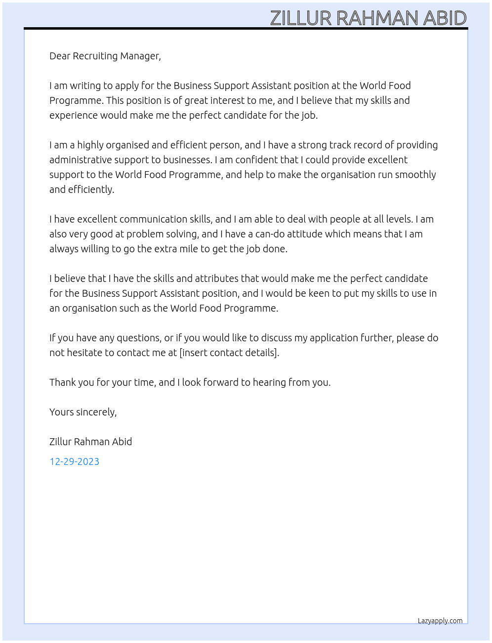 Business Support Assistant At World Food Programme Cover Letter