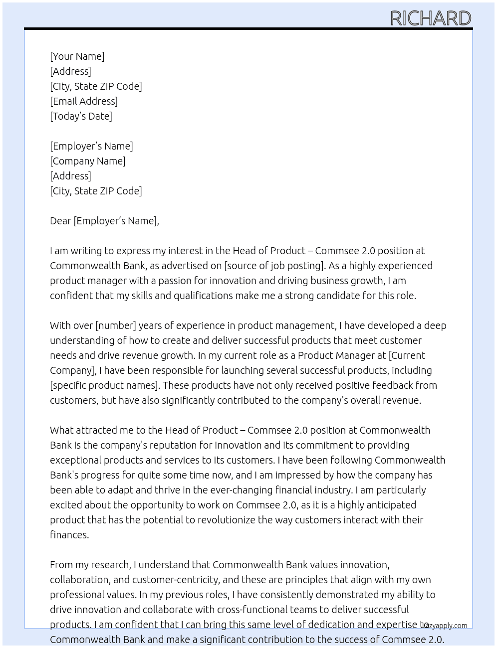 Head of Product – Commsee 2.0 At Commonwealth Bank Cover Letter