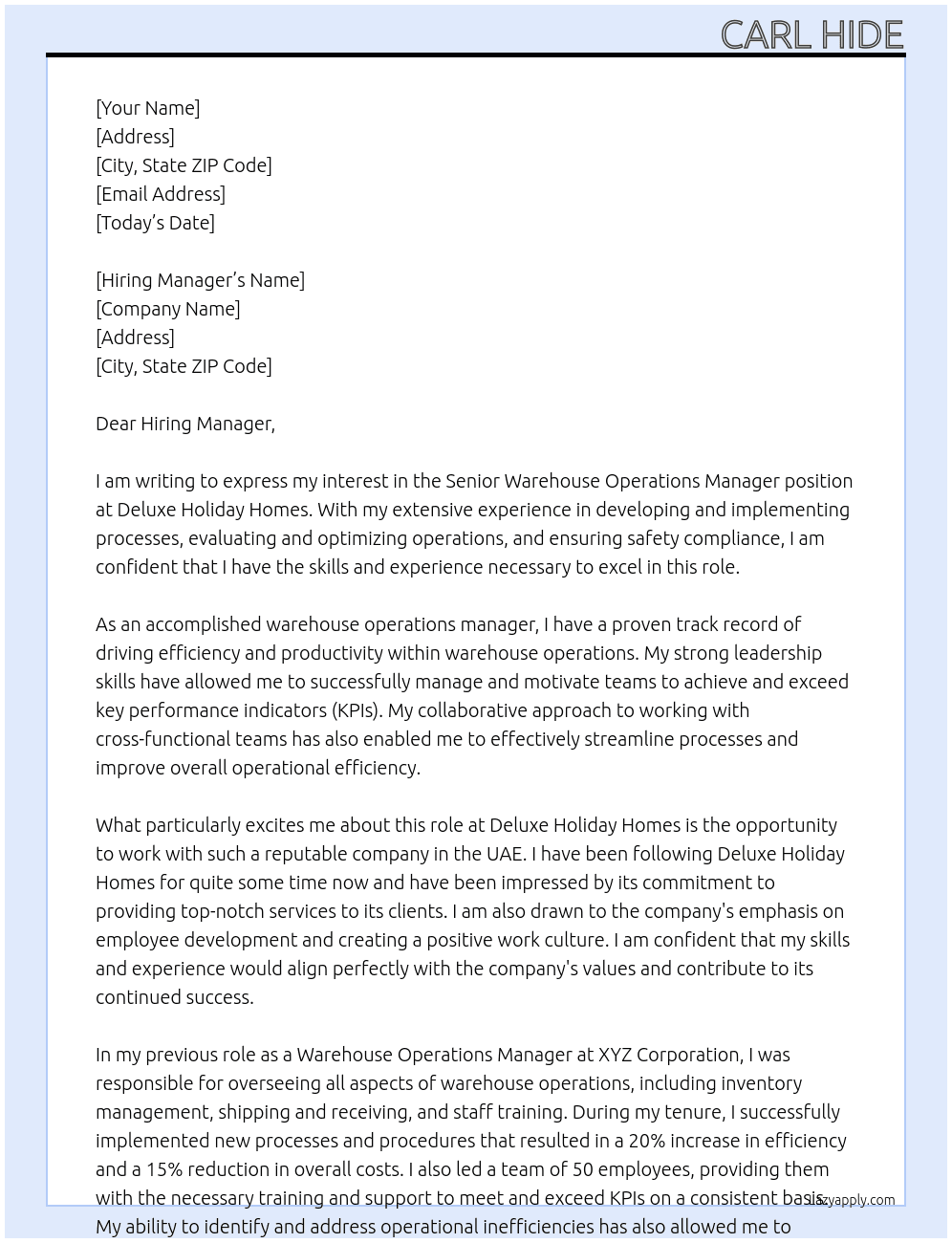 Warehouse operations manager At Deluxe Holiday Homes Cover Letter