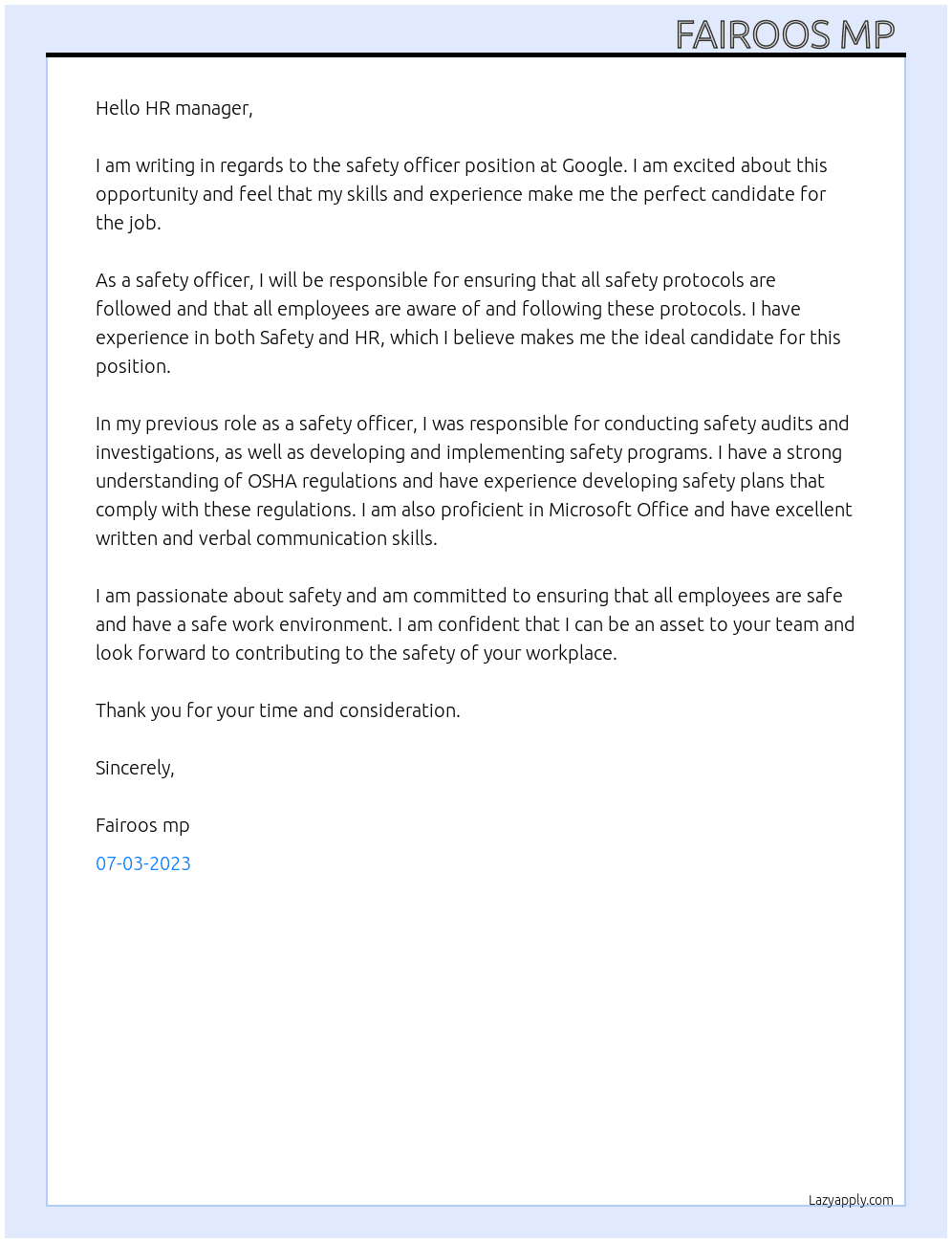 Safety officer At Google Cover Letter