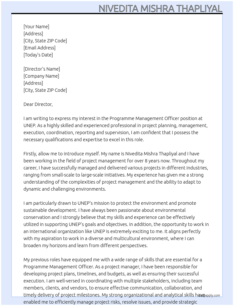 Programme Management Officer At UNEP Cover Letter