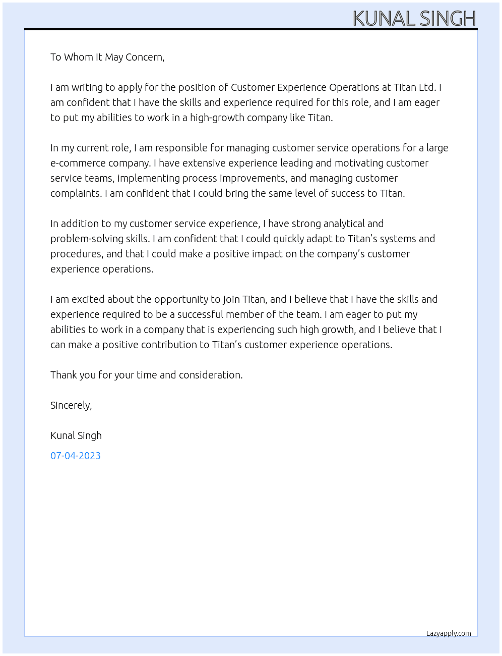 Customer experience operations  At Titan Ltd. Cover Letter
