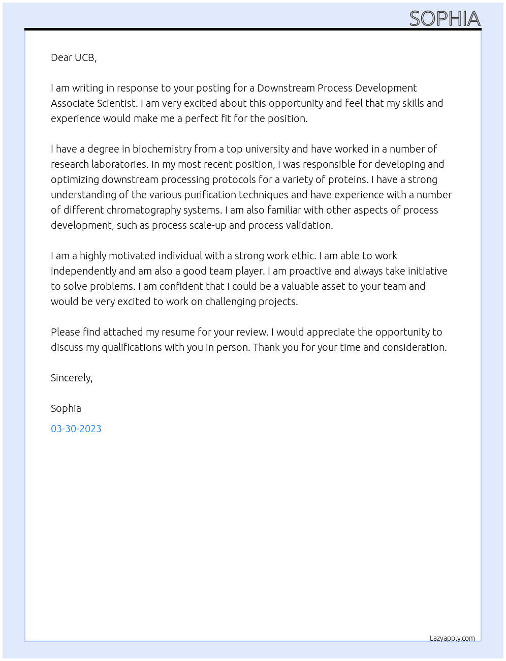 Downstream Process Development Associate Scientist At UCB Cover Letter