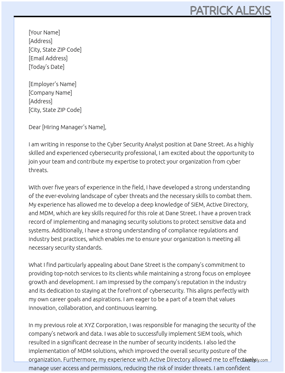 Cyber Security Analyst  At Dane Street  Cover Letter