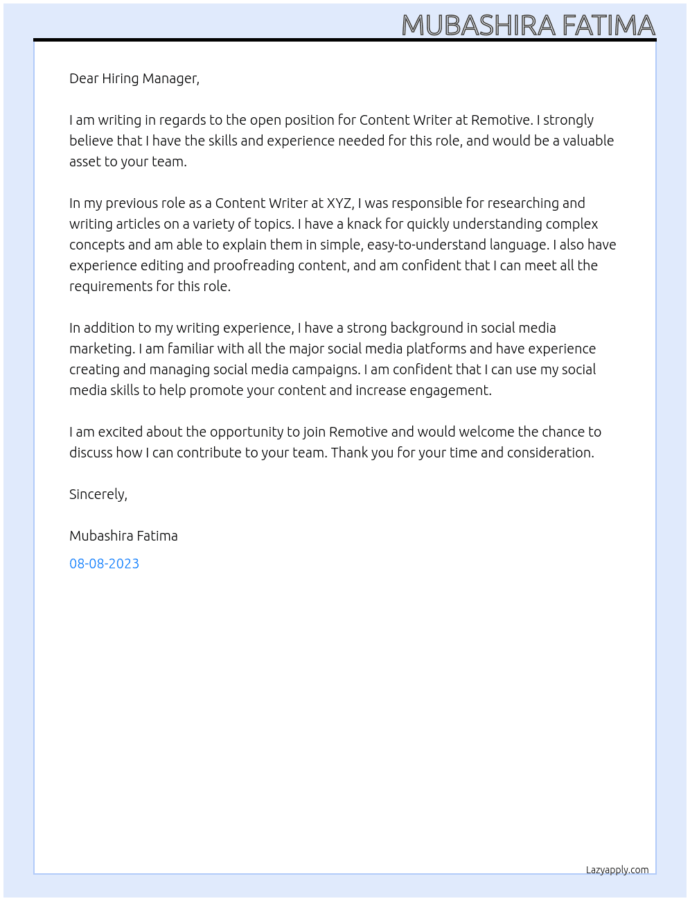 Content writer At Remotive Cover Letter