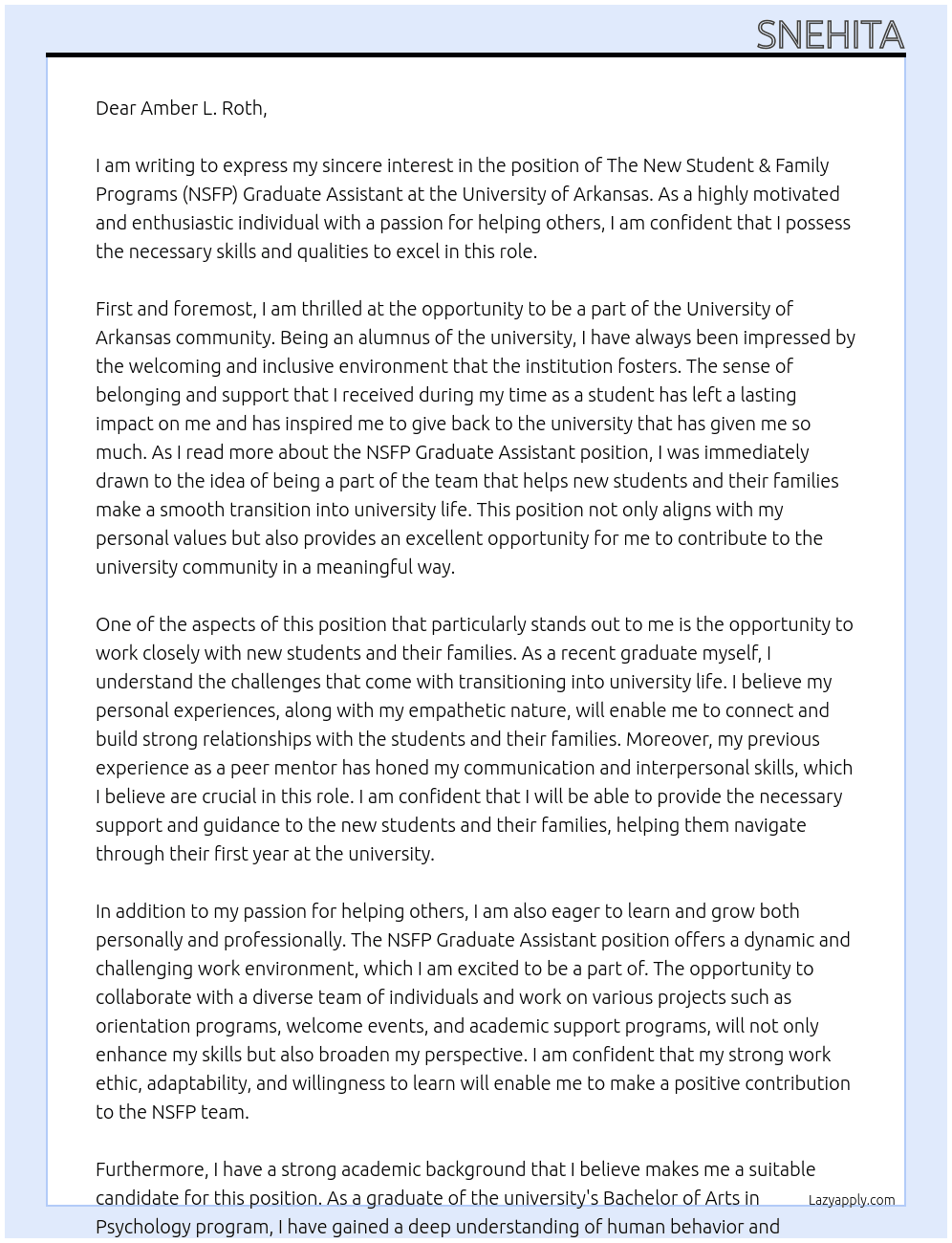 The New Student & Family Programs (NSFP) Graduate Assistant At University of Arkansas Cover Letter