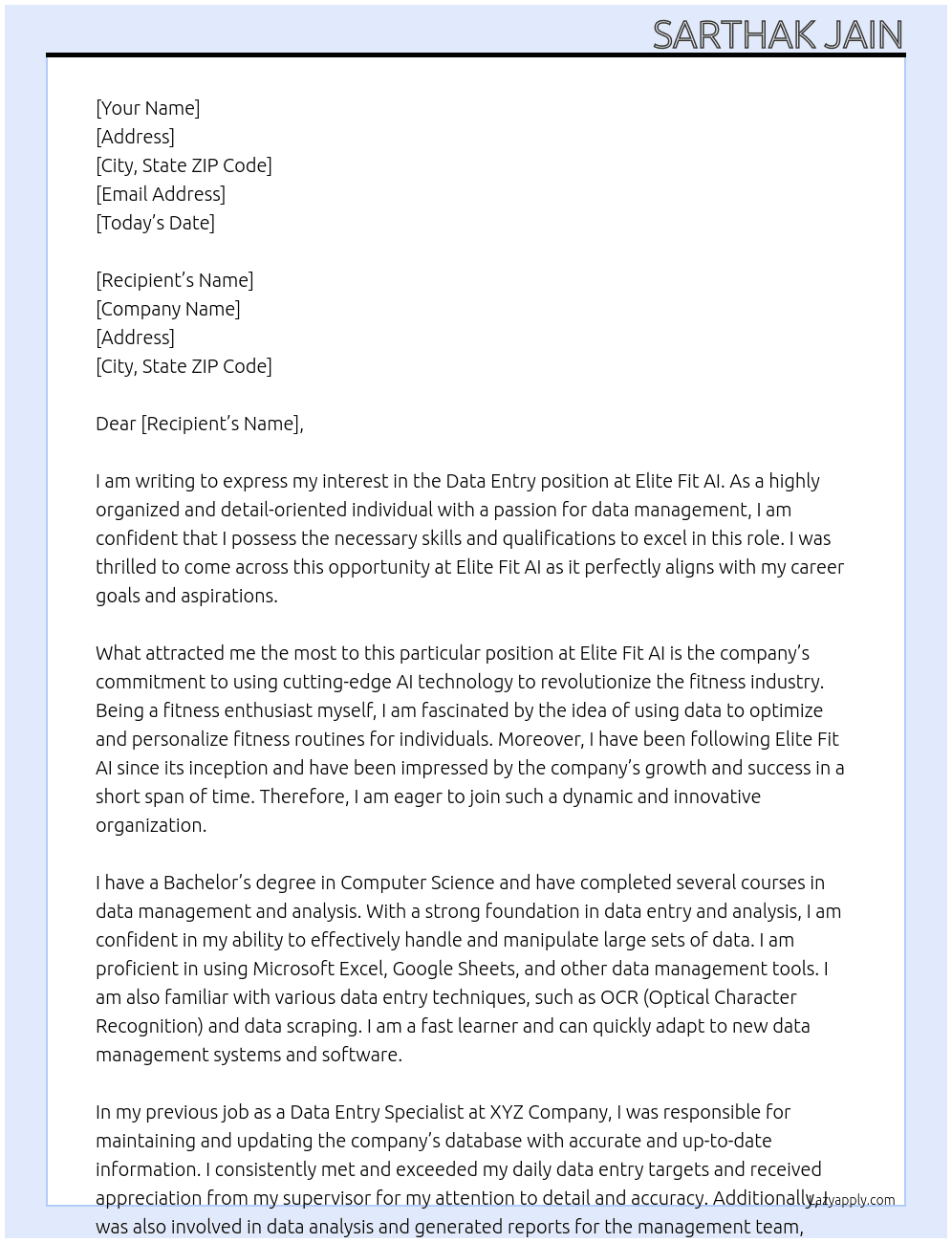 Data entry  At Elite fit ai Cover Letter