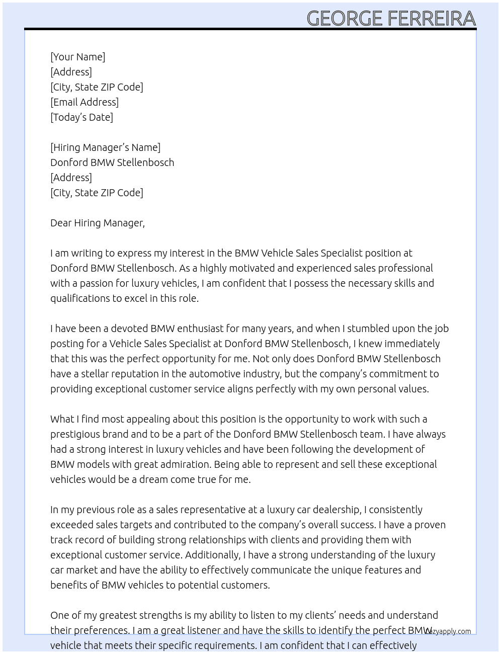 Bmw Vehicle sales specialist At Donford BMW Stellenbosch Cover Letter
