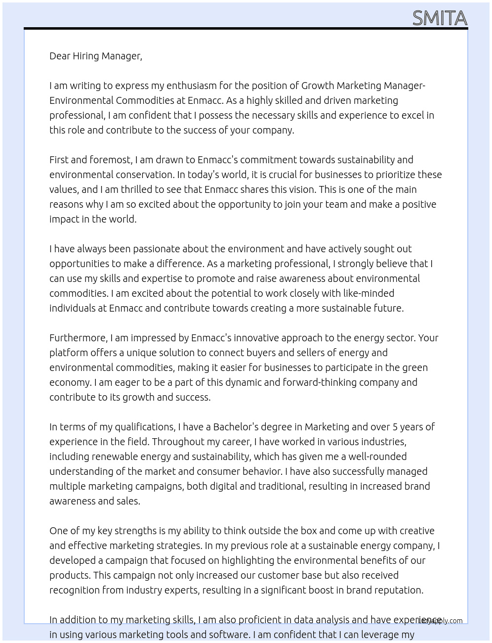 Growth Marketing Manager- Environmental Commodities At Enmacc Cover Letter