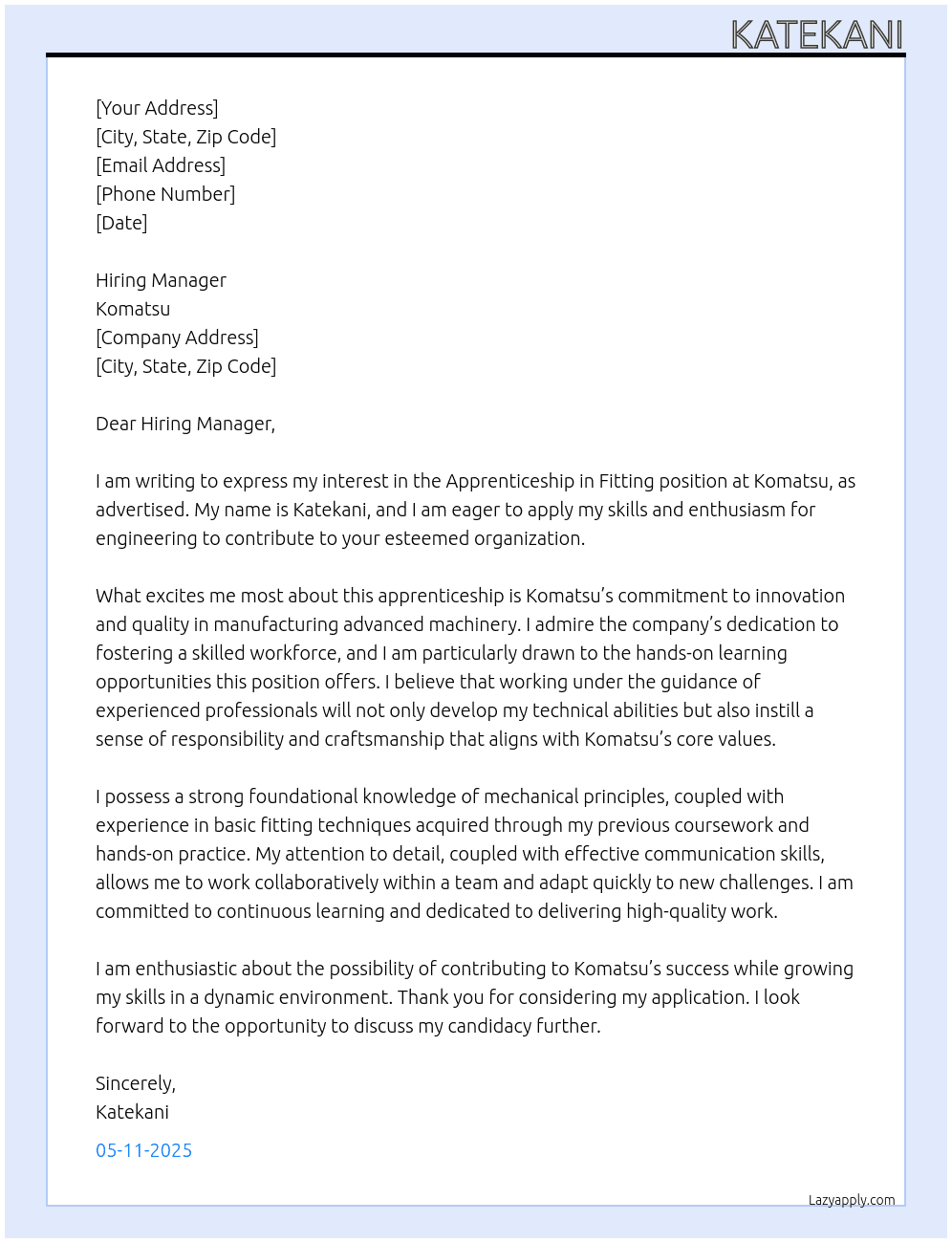 Apprenticeship in Fitting  At Komatsu  Cover Letter