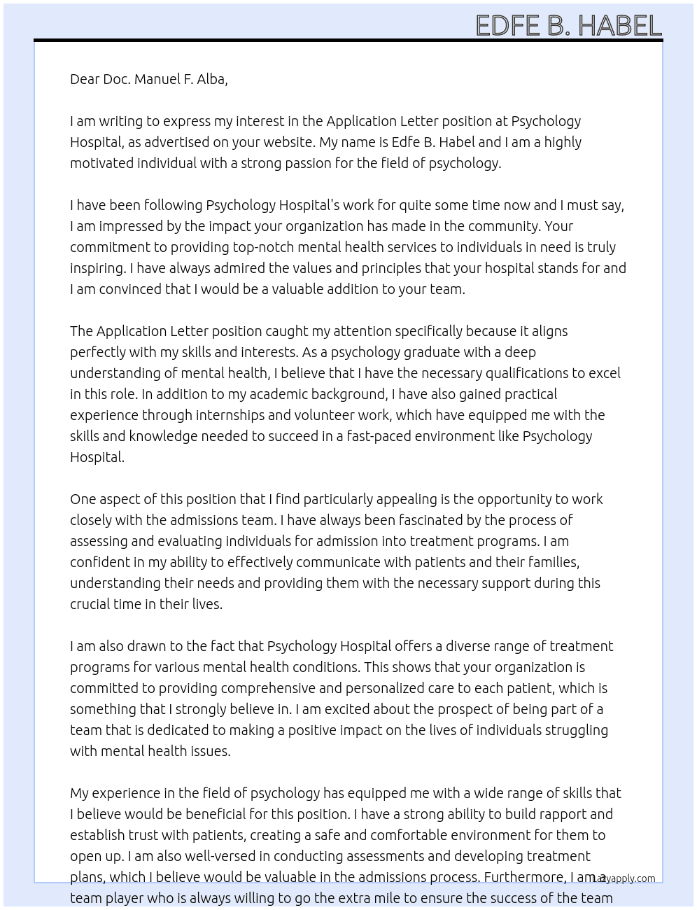 Application letter At Psychology Hospital Cover Letter