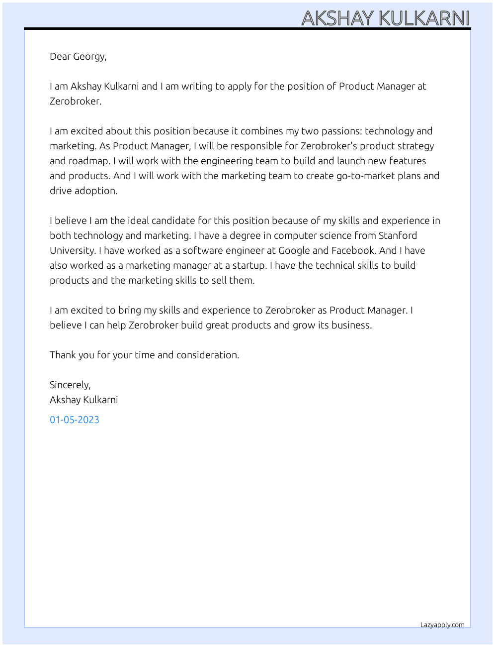 Product Manager At Zerobroker Cover Letter