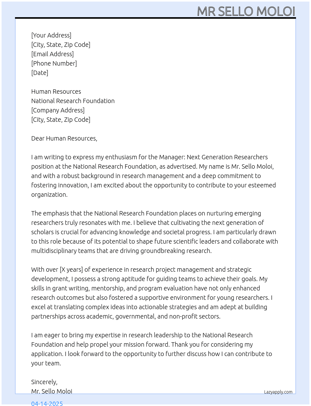 Manager: Next Generation Researchers At National Research Foundation Cover Letter