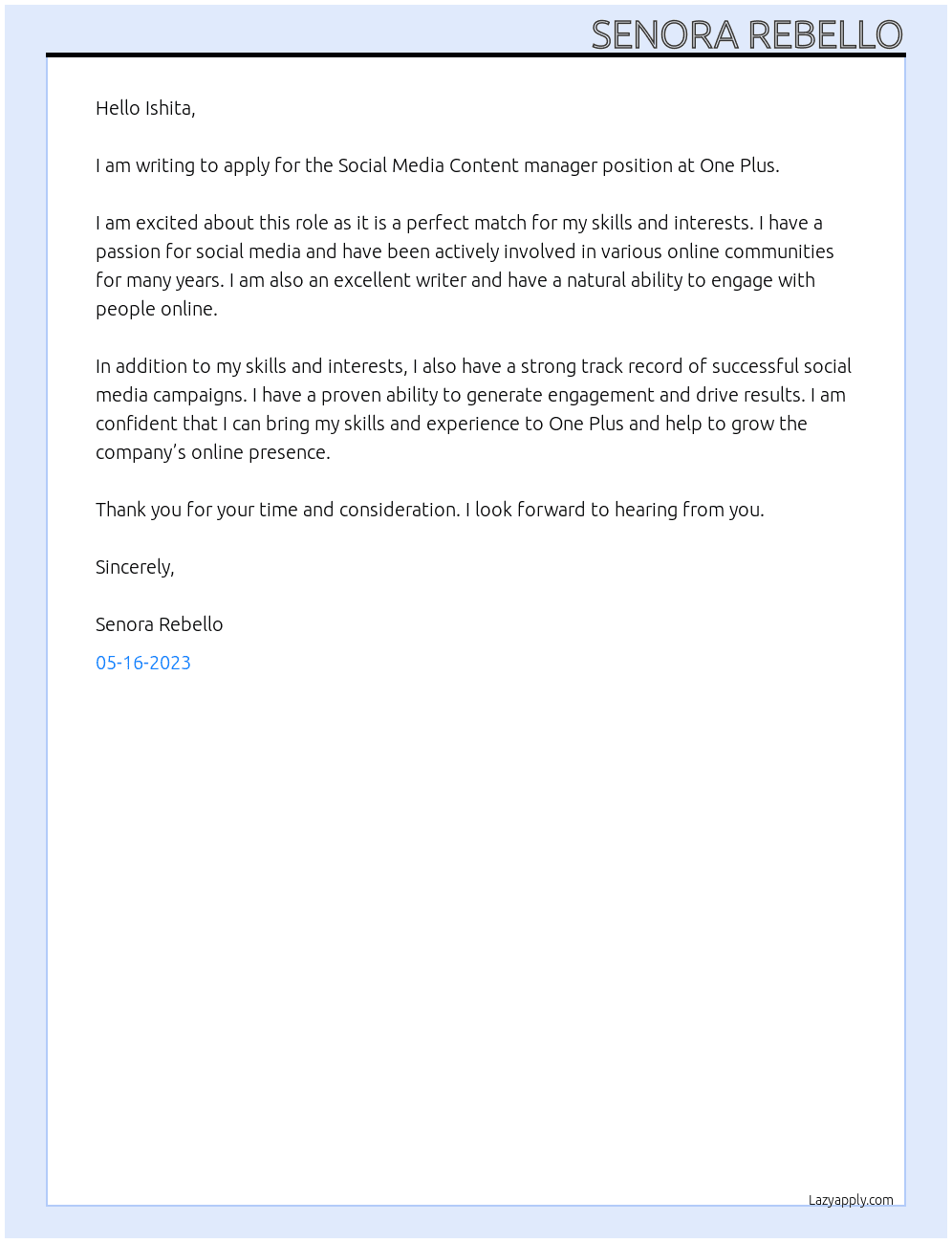 Social Media Content manager At One Plus Cover Letter