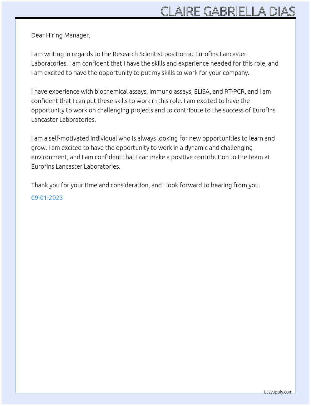 Research Scientist  At Eurofins Lancaster Laboratories  Cover Letter