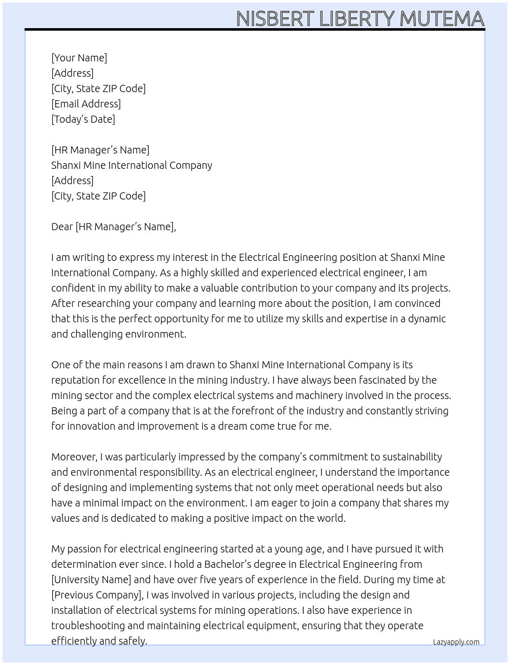 electrical engineering At Shanxi mine International Company  Cover Letter
