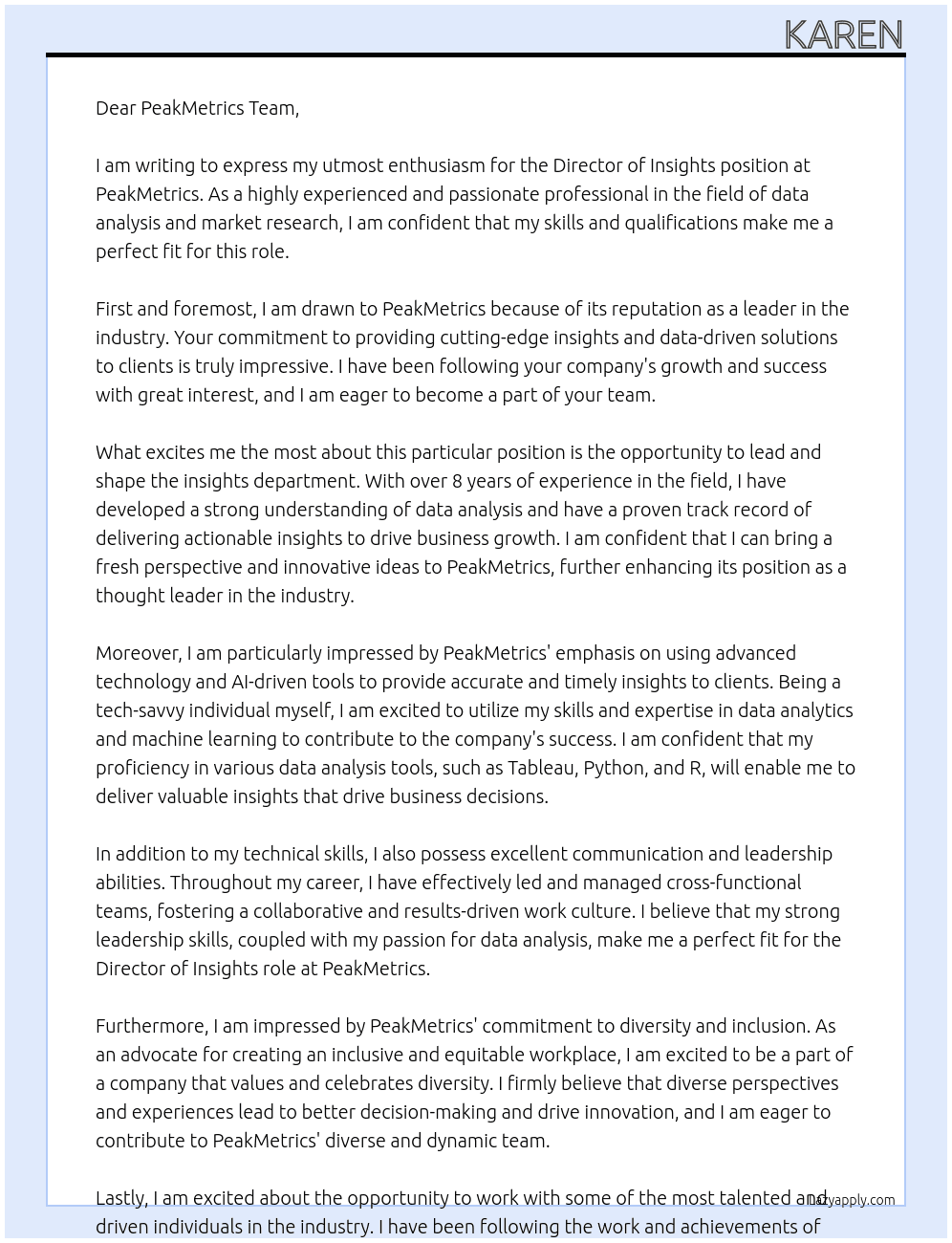 Director of insights At PeakMetrics Cover Letter