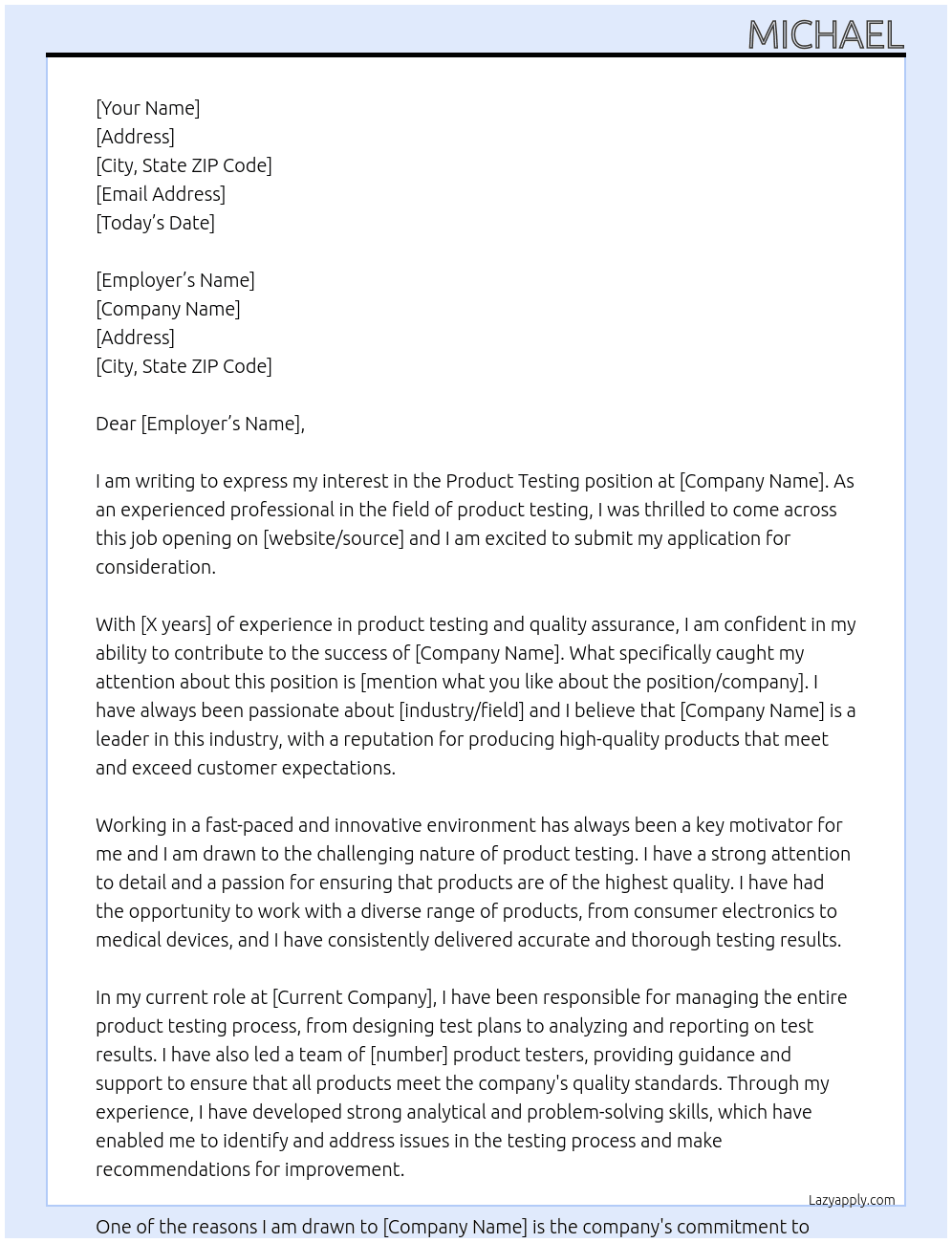 Product testing At NA Cover Letter
