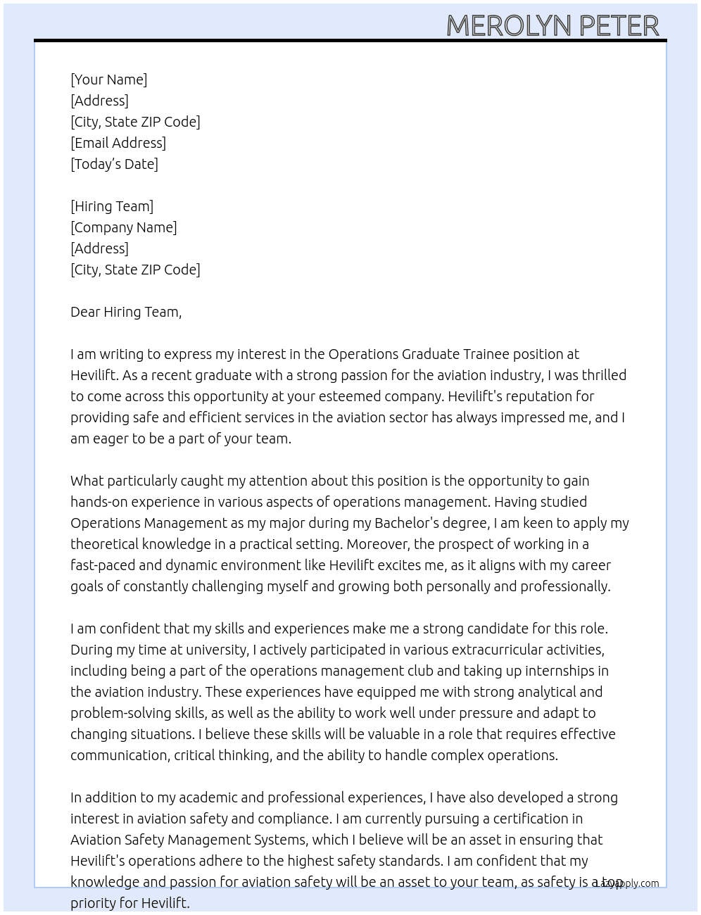 Operations Graduate Trainee At Hevilift Cover Letter