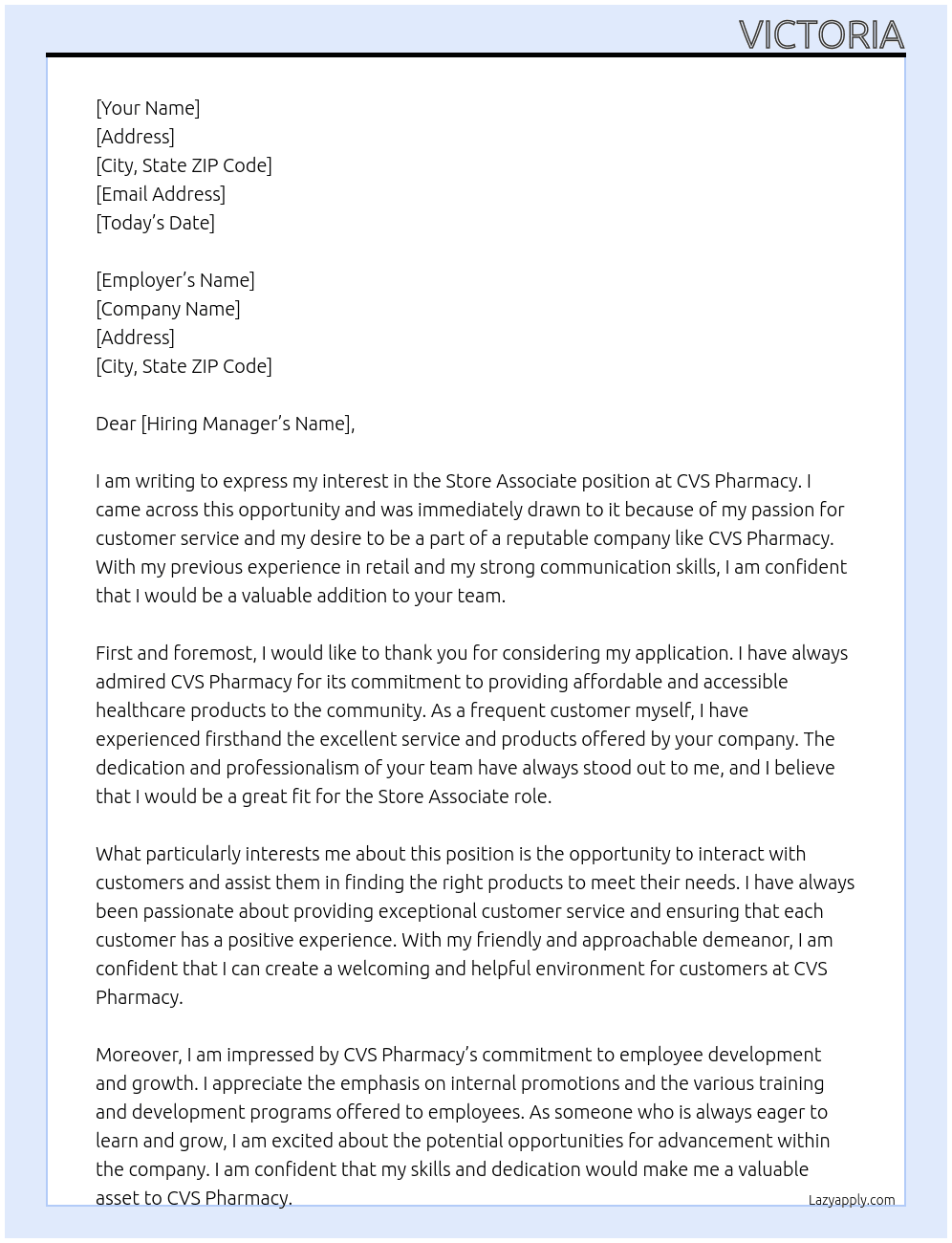 Store Associate  At CVS Pharmacy  Cover Letter