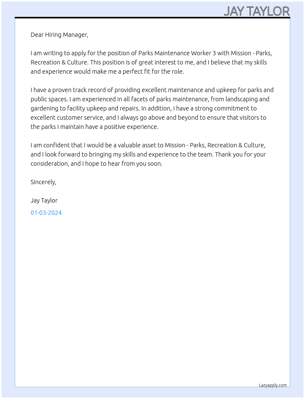 Parks Maintenance Worker 3  At Mission - Parks, Recreation & Culture Cover Letter