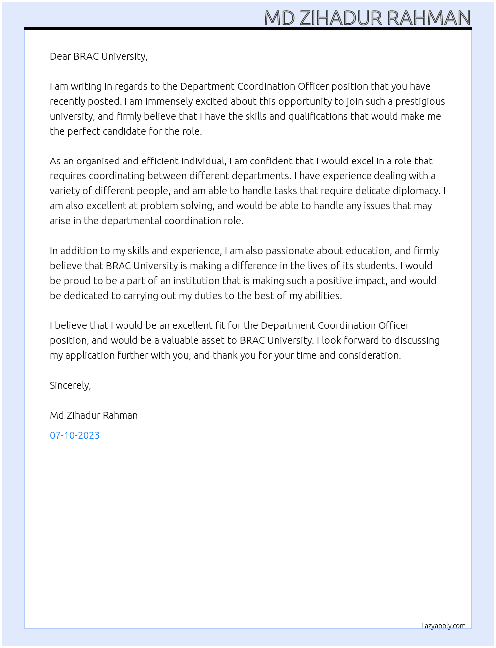 Department Coordination Officer At BRAC University Cover Letter