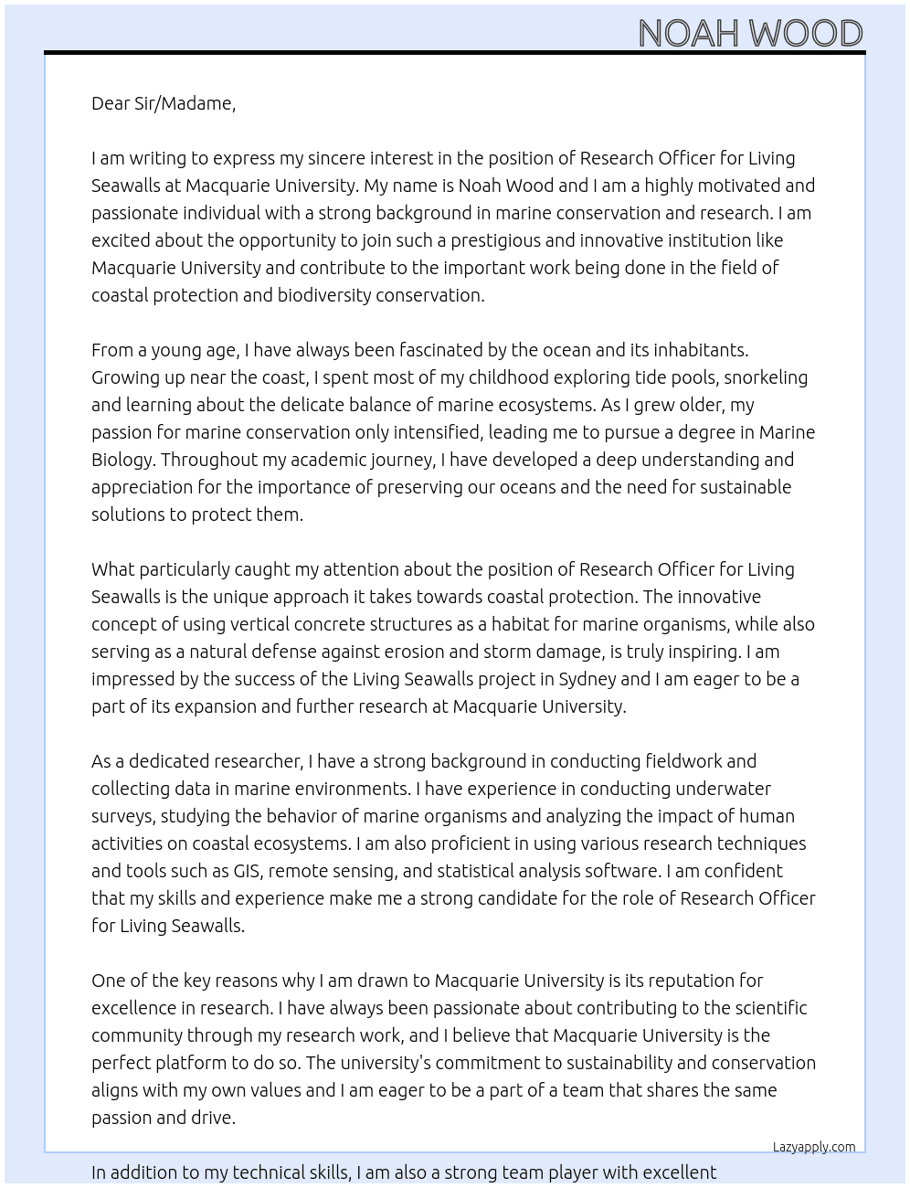 Research Officer for Living Seawalls At Macquarie University Cover Letter