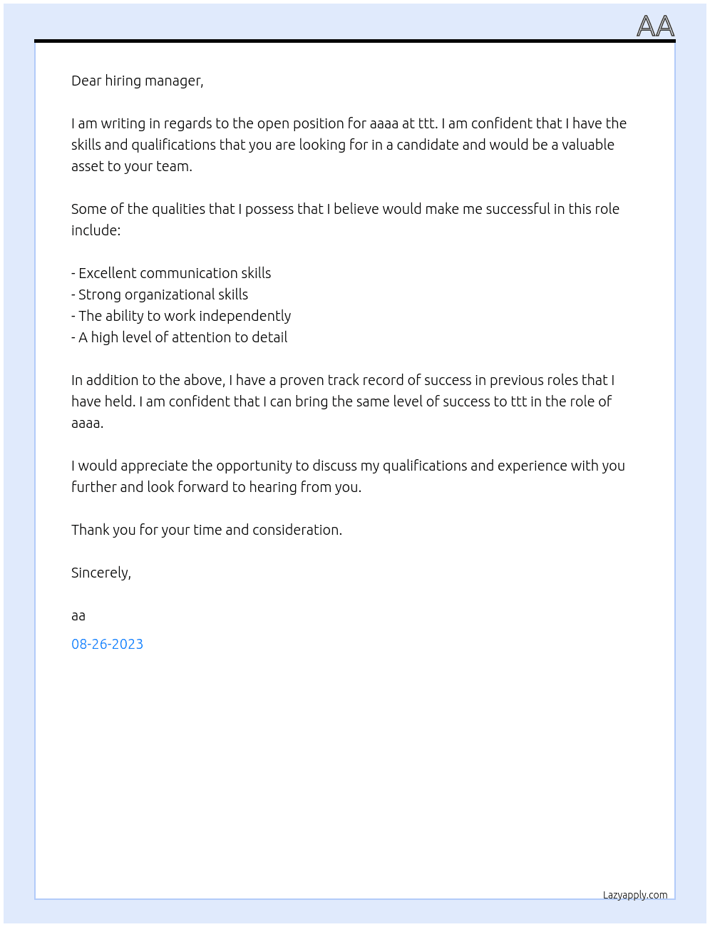 aaaa At ttt Cover Letter