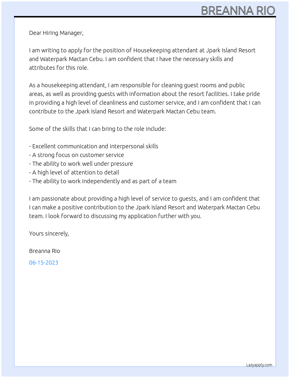 Housekeeping attendant  At Jpark Island Resort and Waterpark Mactan Cebu  Cover Letter