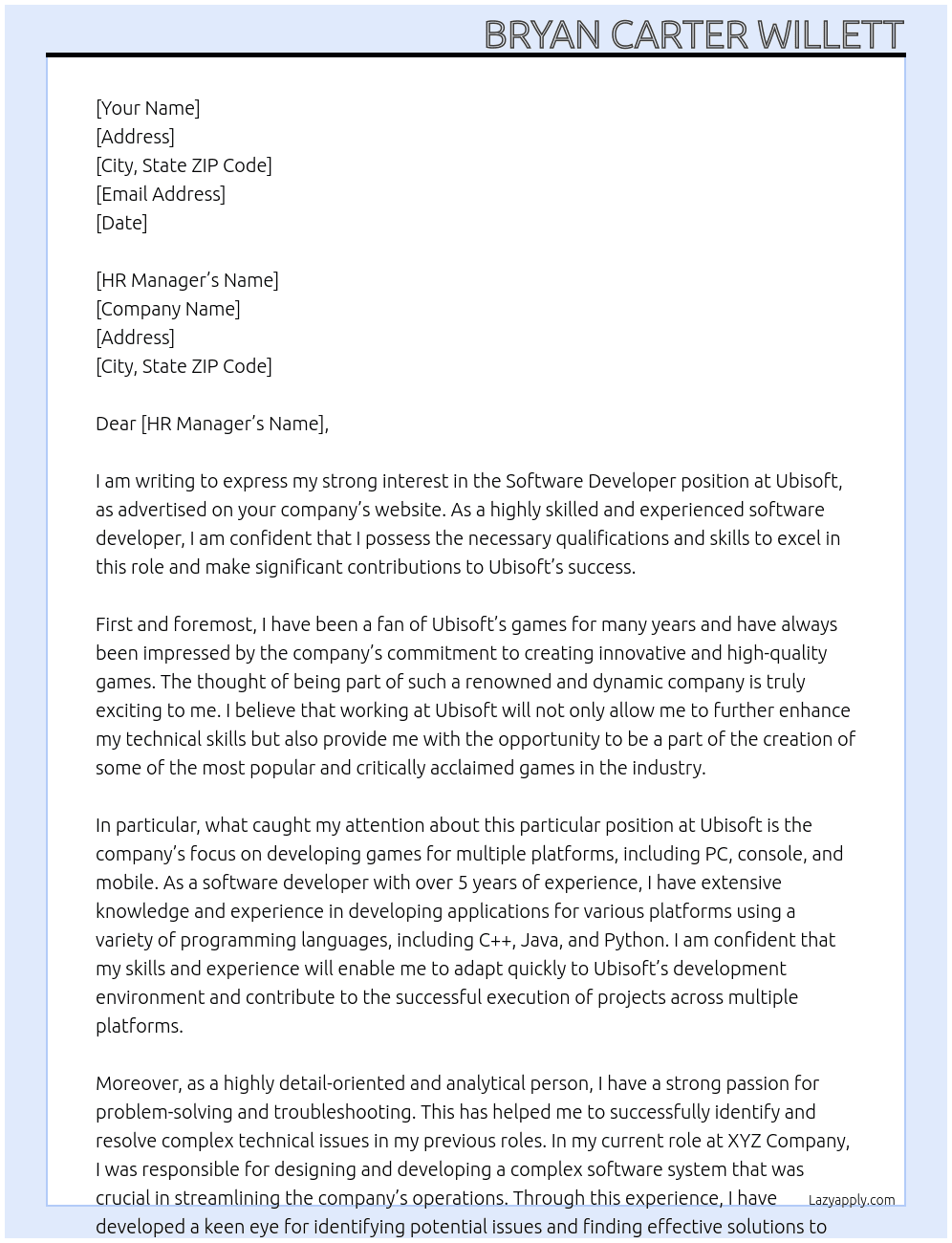 software devoloper At Ubisoft  Cover Letter