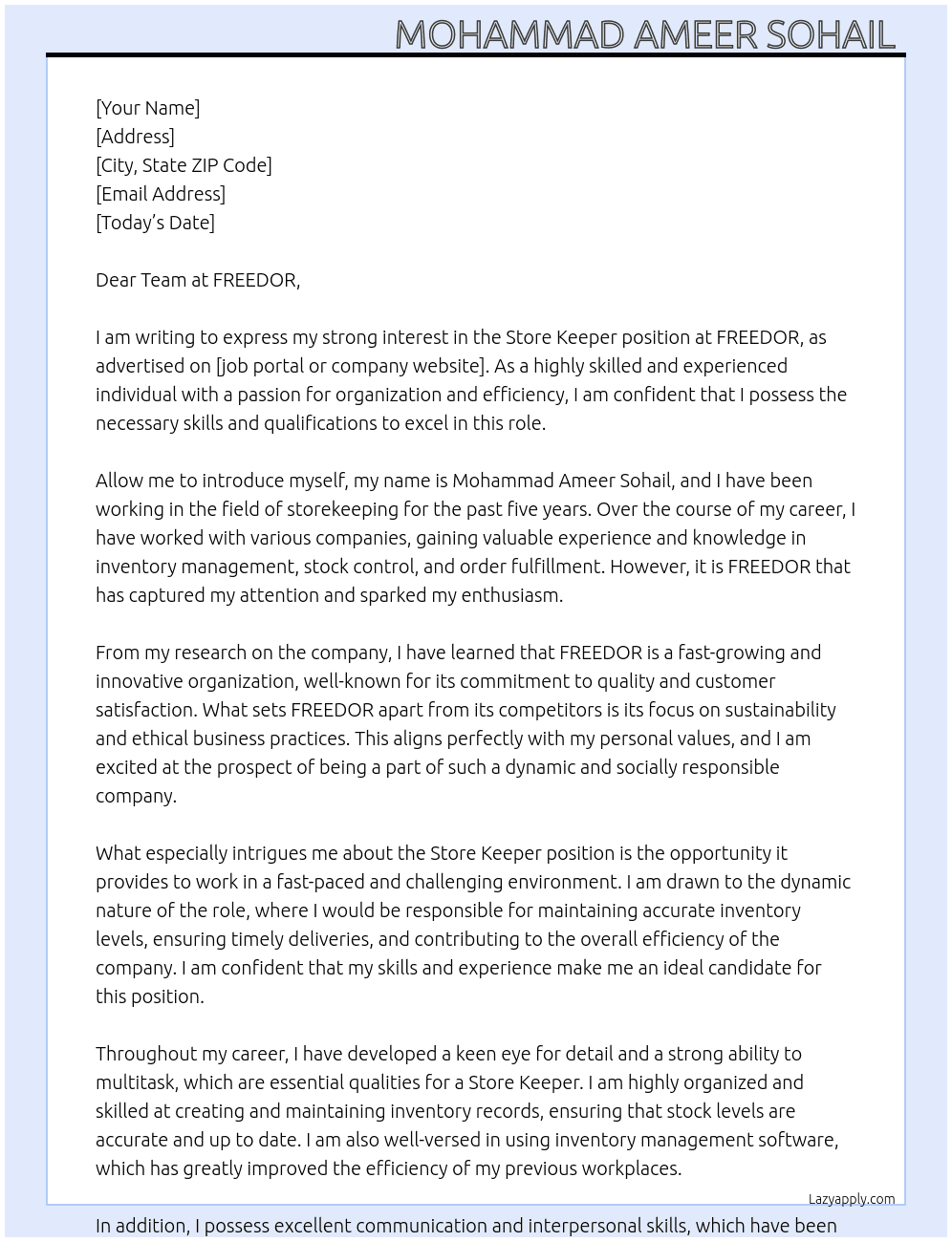 Store keeper  At FREEDOR Cover Letter