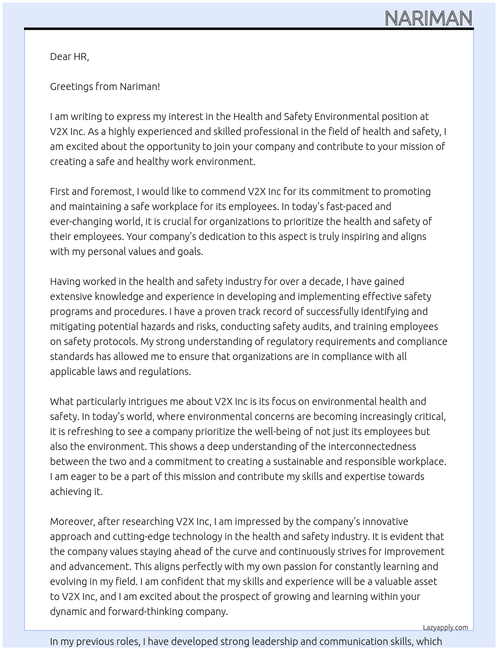 Health and safety environmental At V2X Inc Cover Letter